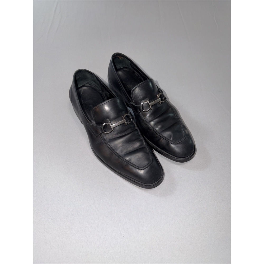 Salvatore Ferragamo Gancini Silver Bit Black Leather Loafers Men's Size 12